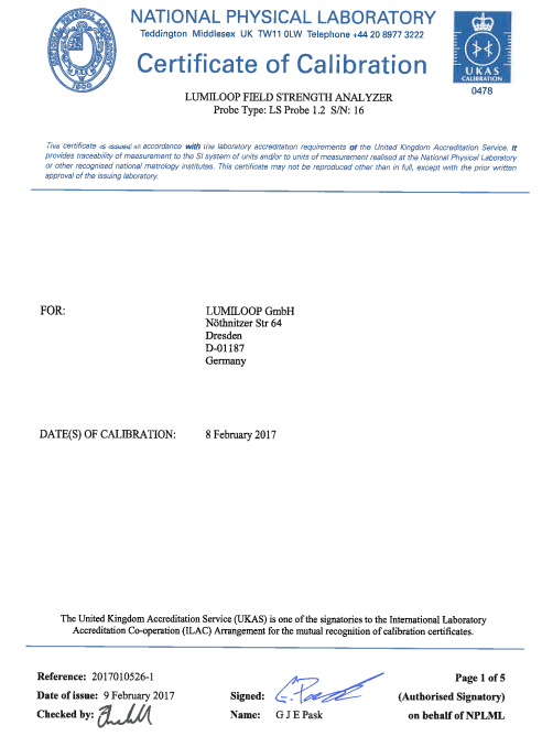 LUMILOOP电磁辐射探头LSProbe1.2场强和脉冲校准证书
